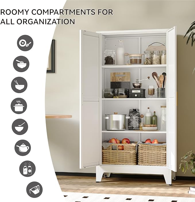 COFaR 61" Metal Pantry Cabinet with Adjustable Shelves, White Storage Cabinet with Doors and Shelves, Sturdy Freestanding Cupboard for Kitchen Pantry, Bathroom Storage, Living Room & Office