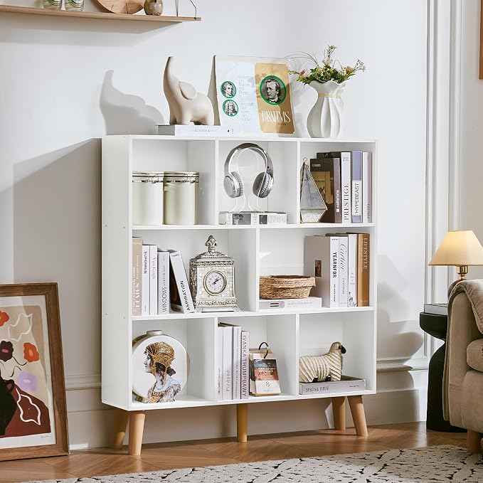 LEYAOYAO 8 Cube Bookshelf, Mid-Century Modern Book Shelf with Legs, White | 3 Tier Bookcase, Rustic Wood Bookshelves Freestanding Large Storage Organizer, Open Shelves for Bedroom, Living Room, Office