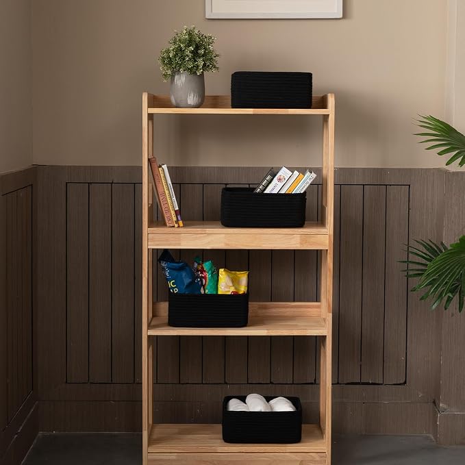 OIASKET 4 Pack Small Storage Shelf Baskets for Organizing, Mini Woven Rope Storage Bins for Towels, Cute Decorative Closet Organizer，Baby Nursery, Gift Empty Baskets -11.81''Lx7.87''Wx4.72''H-Black