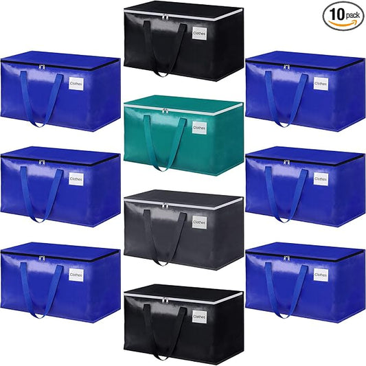 StorageRight Moving Bags-Heavy Duty Moving Boxes, Storage Totes with Zipper, Reinforced Handles and Tag Pocket-Collapsible Moving Supplies for moving, Storage and Travel 93L(Four Colors-10 Pack)