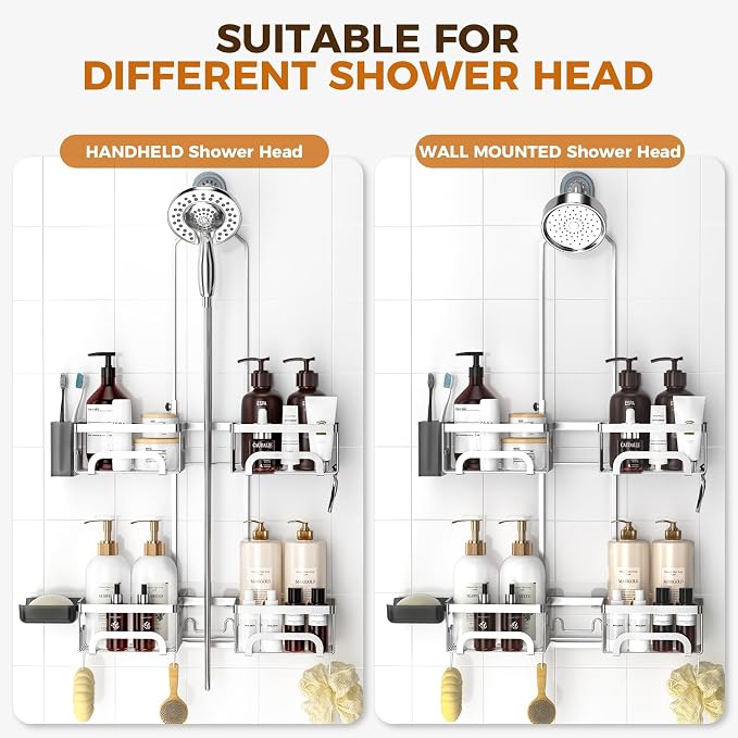 REINHARDT Split Shower Caddy Hanging for Handheld Showerheads, Silver | Adjustable Shower Organizer, Rustproof, 16 Hooks, Soap Holder, 40lbs Capacity, Anti-Slip, Tool-Free, Bathroom Accessories