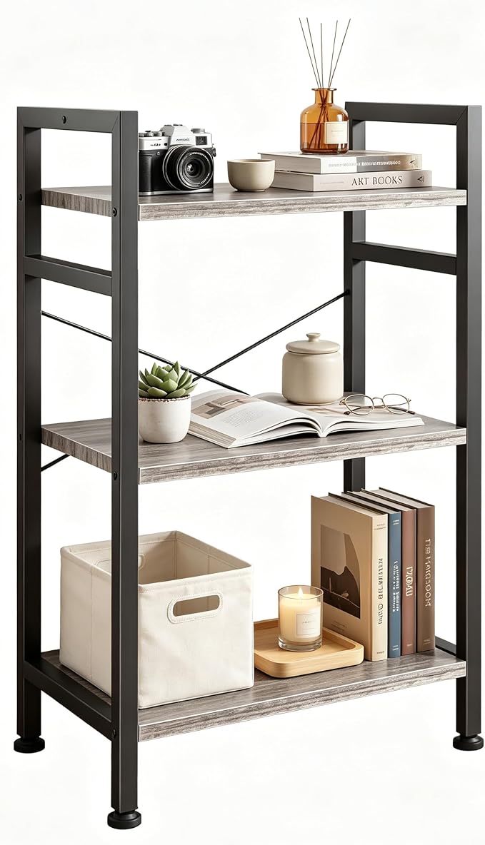 HealSmart 3 Tier Bookshelf, Free Standing Book Shelf Home Office Bookcase Shelf Storage Organizer for Bedroom, Bathroom, Living Room, Office, Balcony, Gray Wood