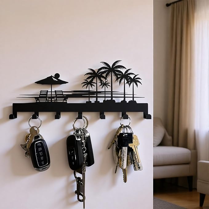 Tropical Style Key Holder Wall Mount with 7 Hooks, Key Hanger Organizer for Front Door, Hallway, Entryway & Office Decor, Featuring Sunset and Coconut Tree Design