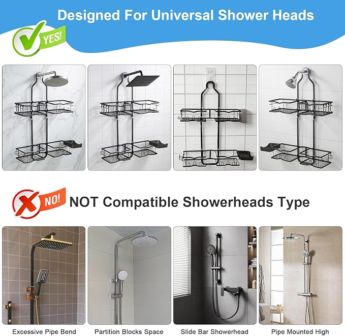 Shower Caddy Hanging Organizer Over Showerhead, Rustproof Black | 2-Tier No-Drill Hanging Shower Organizer with Removable Hooks, Soap Dish, Toothbrush Holder for Bathroom Razor Shampoo Sponge