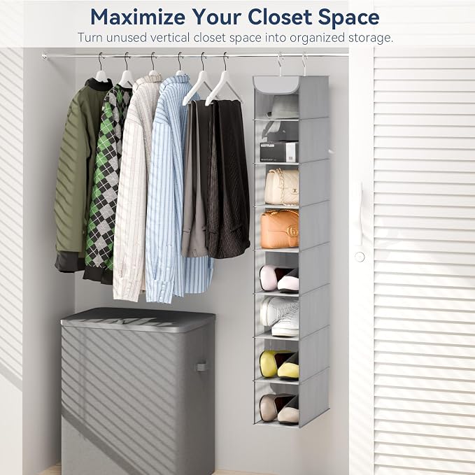 Whitmor Hanging Shoe Organizer, 8 Shelves-Hanging Closet Organizer, Hanging Shoe Rack for Small Closet, Hanging Shelves for Storage Shoes Clothes 11.5" D x 5.5" W x 41" H, Grey