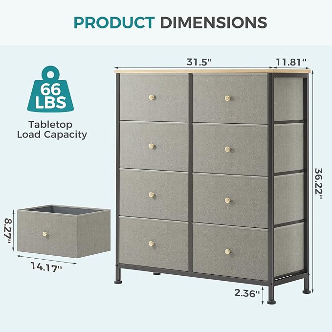 OLIXIS 8 Drawer Storage Dresser for Bedroom, Closet Organizers Units | Fabric Dresser with Wooden Top, Chest of Drawers Clothes Storage, Tower Cabinet, TV Stand Furniture, Dark Green