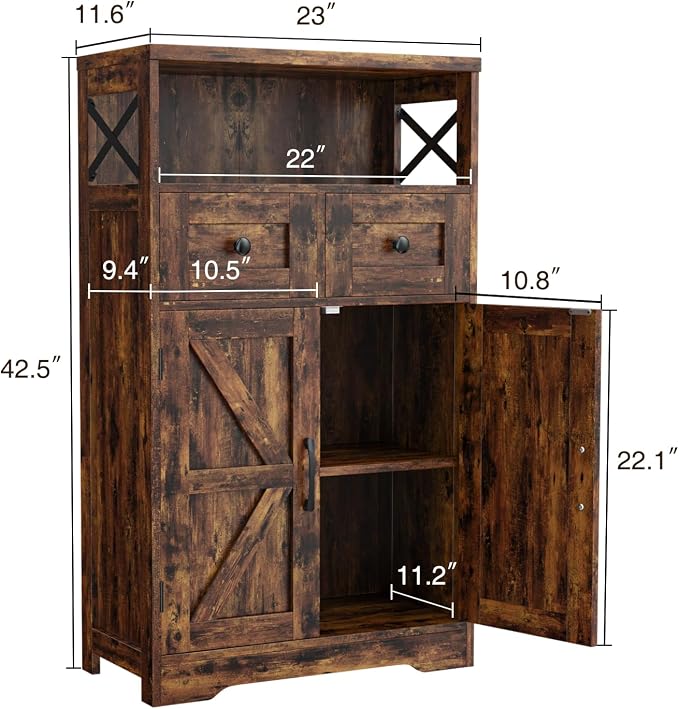 Farmhouse Storage Cabinet with Drawers, Small Kitchen Pantry Cabinet, Brown | Accent Coffee Bar Cabinet Cupboard, 2 Drawers, 2 Barn Doors & Adjustable Shelves, for Kitchen/Entryway/Living Room/Bathroom