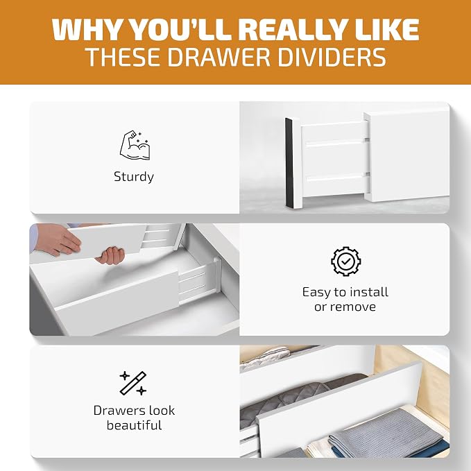 6-Pack Drawer Dividers - 6 Inches High, Adjustable 11 to 17 Inches Bamboo Drawer Organizer, Large Expandable Separator for Clothes, Dresser, Bedroom, Bathroom, Baby, Office, Kitchen Utensil, White