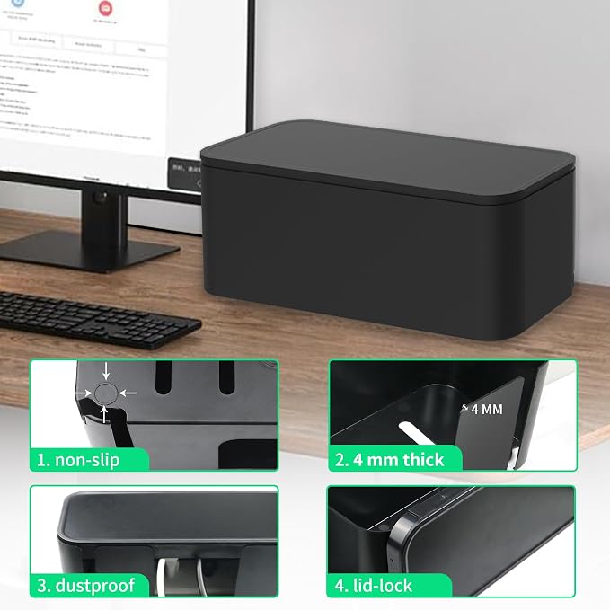 Cord Organizer Box, Cable Hider for Power Strips, Surge Protector, Extension Cord and Wire Management, Cable Management Box (2PCS/Large and Medium Size/Black)