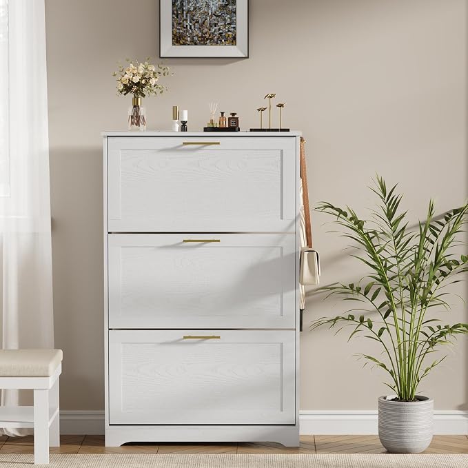 Modern Luxury Shoe Cabinet Organizer with 3 Flip Drawers,31.5" W，White | Freestanding shoe storage cabinet for entryway,foyer and hallway,space-saving flip drawers,Adjustable Shelves & 2 Hooks