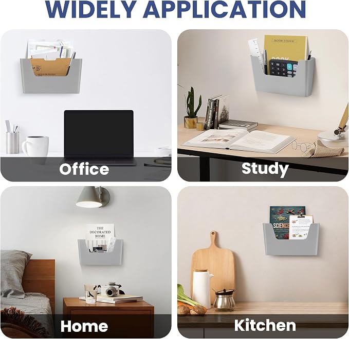 JOMOLA No Drilling File Holder 5 Pack Mail Organizer Wall Mount File Organizer Holder Office Wall Hanging Files Magazines Organizer Plastic Door Mount Wall Pocket with Adhesive Pad, Grey Color
