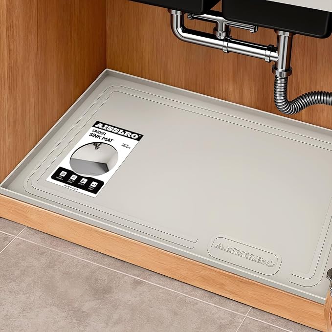 Under Sink Mat 34" X 22", Waterproof Silicone Cabinet Kitchen Liner, Beige | BPA-Free Raised-Edge Cabinet Protector & Leak Tray for Bathroom Cabinets, Boots, Pet Feeding Dog & Cat Mats, Dishwasher Safe