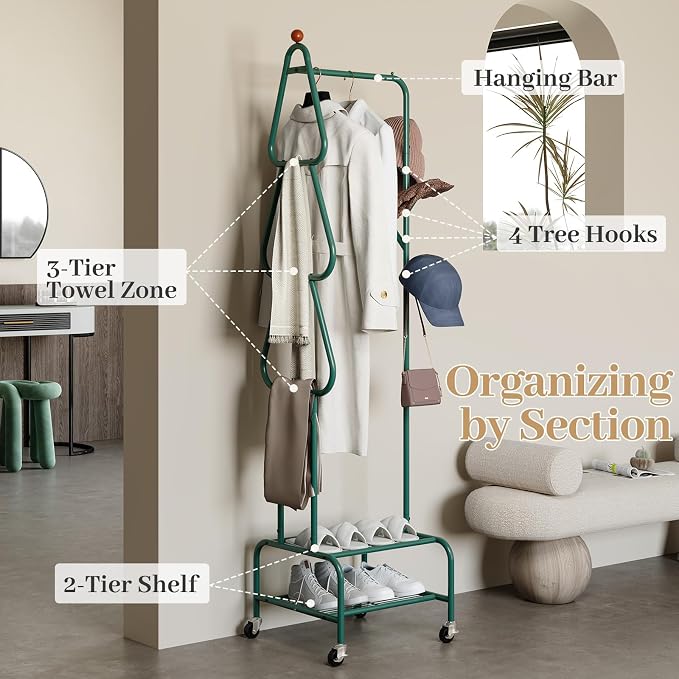 Clothes Rack, Metal Garment Rack with Wheels and Shelves, Rolling Portable Clothing Racks for Hanging Clothes, Freestanding Storage Solution for Small Spaces (Deep Green)