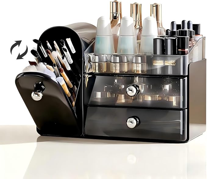 Makeup Organizer for Vanity with Brush Holder,Skincare Organizer | Large Makeup Storage,Bathroom Counter Organizer,Waterproof,Dustproof,Vanity Organizer Countertop,Durable,Easy-Clean,Black
