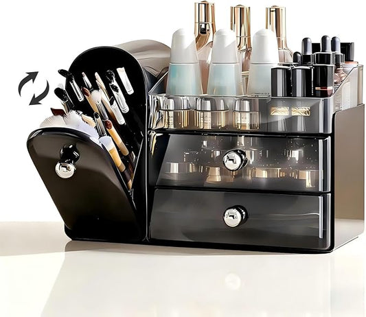 Makeup Organizer for Vanity with Brush Holder,Skincare Organizer | Large Makeup Storage,Bathroom Counter Organizer,Waterproof,Dustproof,Vanity Organizer Countertop,Durable,Easy-Clean,Black