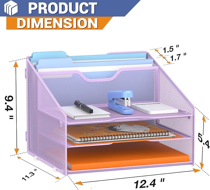 GAWERK Letter Tray Organizer, Mesh Desk File Organizer with 3 Paper Trays and 2 Vertical Upright Section (Purple)