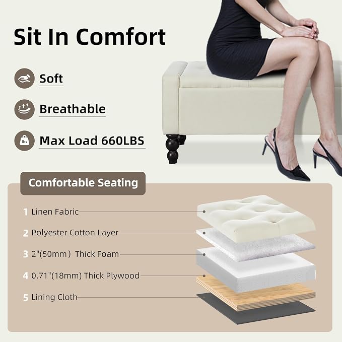 50" W Storage Ottoman Bench with Safety Hinge, Load up to 660 lb Ottoman with Storage, Upholstered Tufted Entryway Bench with Seating for Living Room, Bedroom, (Beige)