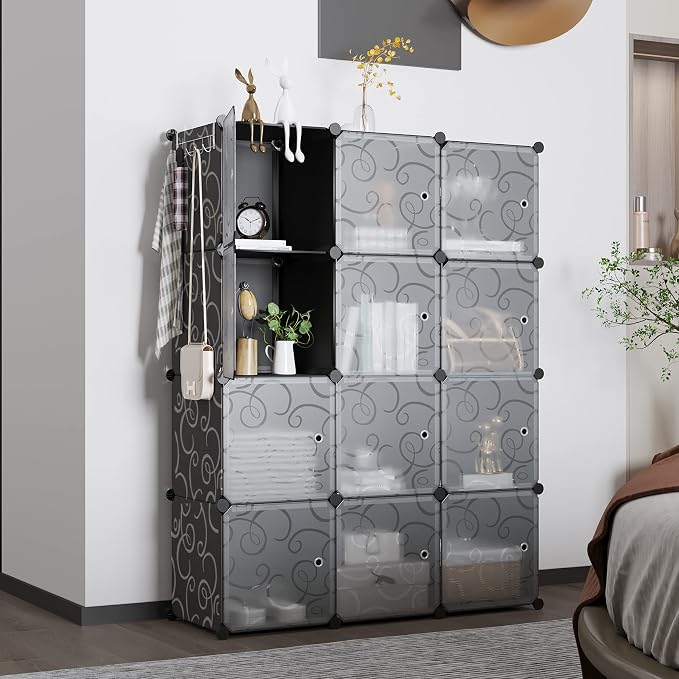 C&AHOME 12-Cube Storage Organizer with Door Cube Shelf Closet Cabinet Black | DIY Plastic Modular Bookshelf, Stackable Clothes Storage Shelving Ideal for Home, Bedroom, 36.6”L x 12.4”W x 48.4”H