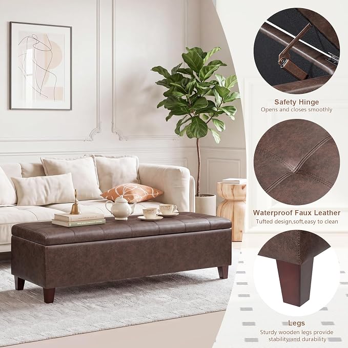 Joveco 51 Inch Storage Bench,Leather Tufted Storage Ottoman with Legs | Safety Hinges,Wooden Legs,End of Bed,Bedroom,Living Room,Entryway