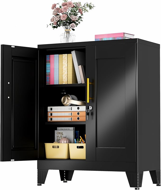 GAIOUS 36" Tall Metal Storage Cabinet with Lock, Locking Cabinet with 2 Doors and 2 Adjustable Shelves, Black Bathroom Floor Cabinets, Freestanding Locked File Cabinets for Home/Office/Garage
