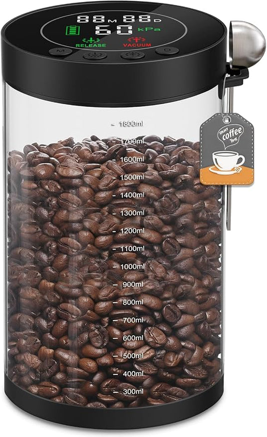 Electric Vacuum Coffee Canister, 2.0L Glass Airtight Food Storage Container | with Smart Pressure Sensor, Automatic Coffee Bean Container Rechargeable with LED Display Window for Kitchen Food Storage