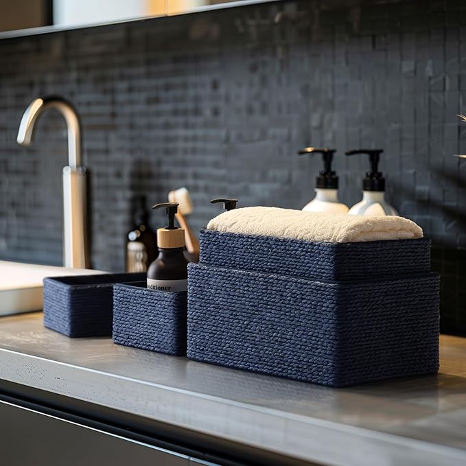 LA JOLIE MUSE Bathroom Basket Organizers, Paper Rope Storage, Blue 4 Pack | Stackable, Sturdy Lined Woven Basket, Organizer for Toilet Paper, Laundry Room Essentials, Shelves and Nightstand Drawers