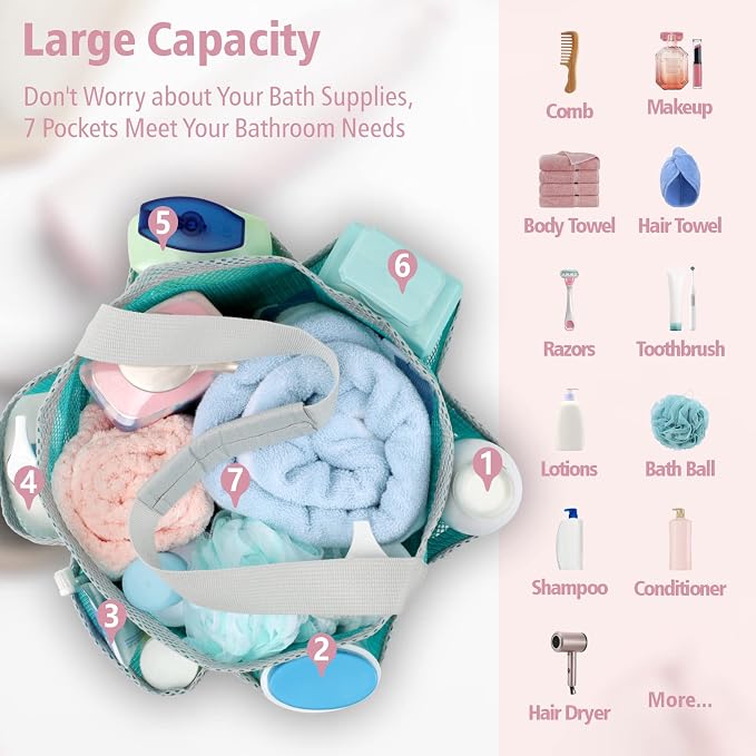 Mesh Shower Caddy Portable - 7 Pockets Large Shower Bag for Dorm, Camping | S-Hook, Quick-Dry, Hanging Toiletry Organizer, College Dorm Room Essentials for Girls, Gym, Travel & Bathroom, Mint Green