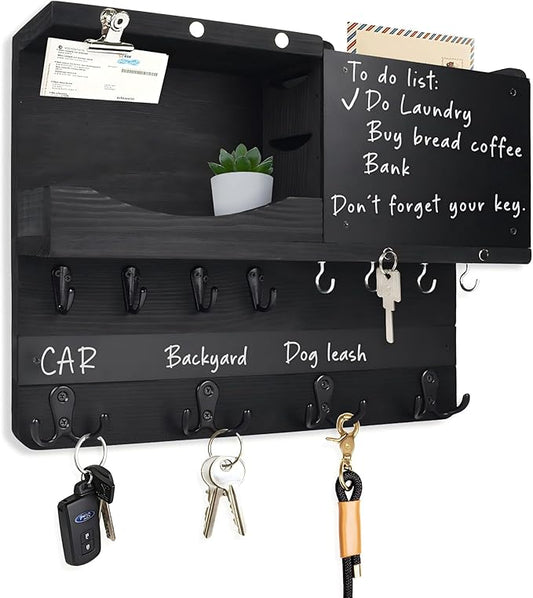 Key Holder for Wall Mount with Shelf and Mail Organizer, Key and Mail Holder with 16 Hooks, Farmhouse Entryway Organizer, Home Decor Rack (Pine Wood, Black)
