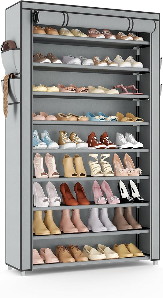 VILICK Shoe Rack with Cover Narrow Shoe Organizer with Pockets 10 Tier Tall Shoe Storage Holds 36-41 Pairs Shoes and Boots Shoe Rack for Closet Entryway Garage, Grey