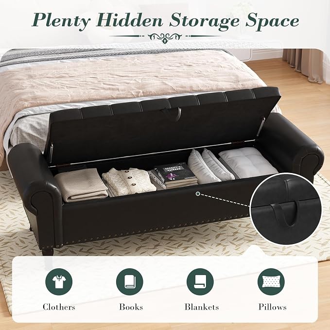 Apicizon 60” Bench with Storage, Queen Size Faux Leather End of Bed Bench with Tufted Button, Ottoman Bench with Rolled Arms & Vintage Rivets for Foot of Bed, Living Room, Entrance, Black