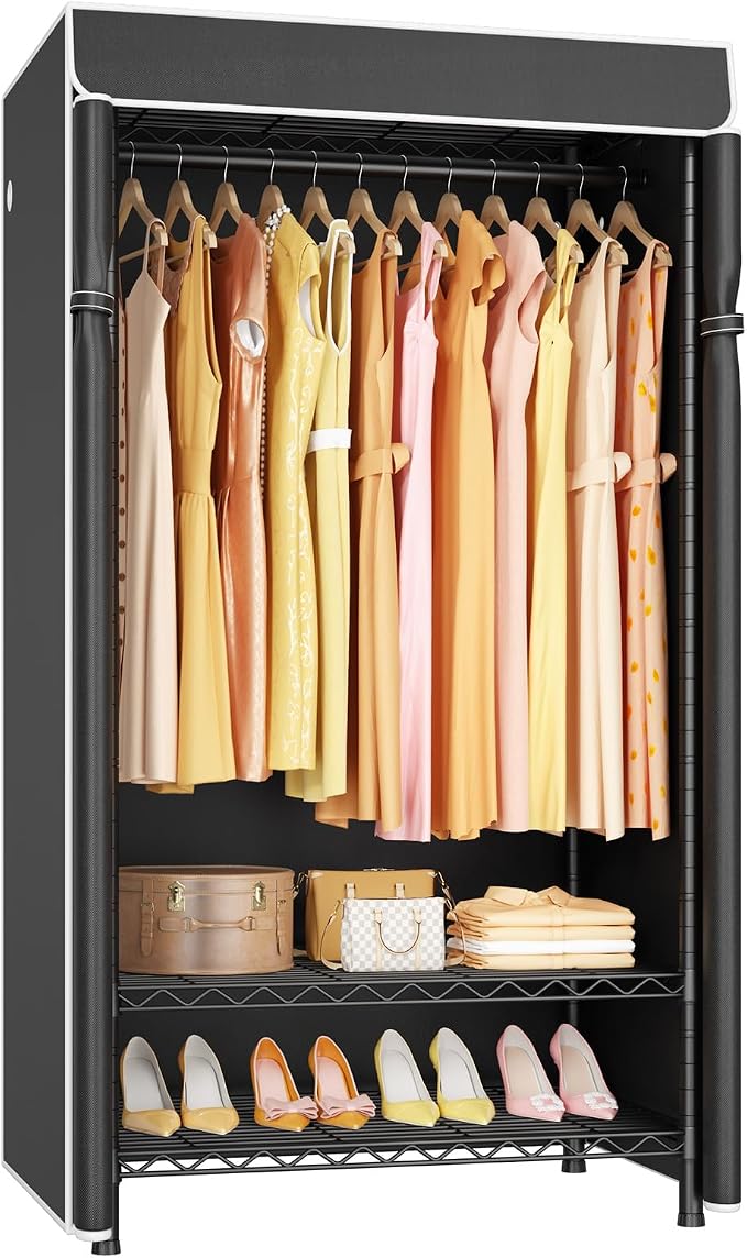 H5C Clothes Rack with Cover, Covered Clothing Rack Heavy Duty | Garment Rack with Shelves, 3-Tier Portable Closets for Hanging Clothes, Max Load 360LBS, Black Closet Racks with Black Cover