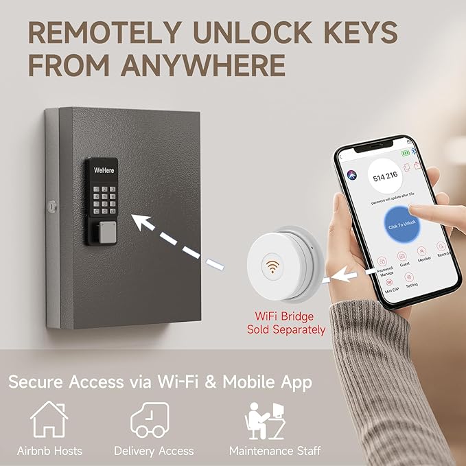 32 Key Lock Box Smart Key Organier Cabinet with Keypad & App for Office | Wall Mounted Lockbox use App, Custom & One Time Password, WiFi (Need W100 Bridge) Unlock for School, Office, Fleet, Hotel
