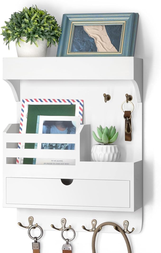 Rebee Vision Key Holder Wall Mount with Drawer & Shelf for Entryway, White | Pine Wood, Key Holder for Wall, 6 Sturdy Key Hooks, Wall Shelf, Drawer Organizer, Modern Home Decor, Decorative Storage