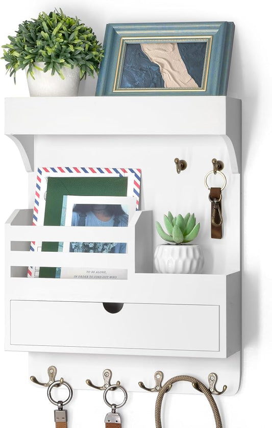 Rebee Vision Key Holder Wall Mount with Drawer & Shelf for Entryway, White | Pine Wood, Key Holder for Wall, 6 Sturdy Key Hooks, Wall Shelf, Drawer Organizer, Modern Home Decor, Decorative Storage