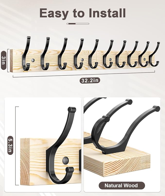 Optish 1 Pack Wooden Coat Rack Wall Mount, 16.1" Rustic Coat Hanger Hooks with 5 Double Hooks, Wall Coat Rack for Hat, Clothes, Bags, Jacket, Natural Wood