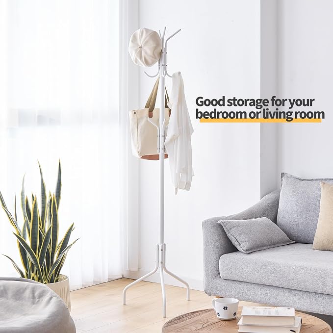 Coat Rack Freestanding for entryway,Living Room,Bedroom,Metal coat tree with12 Hooks and 3 Legs,hat stand (White)