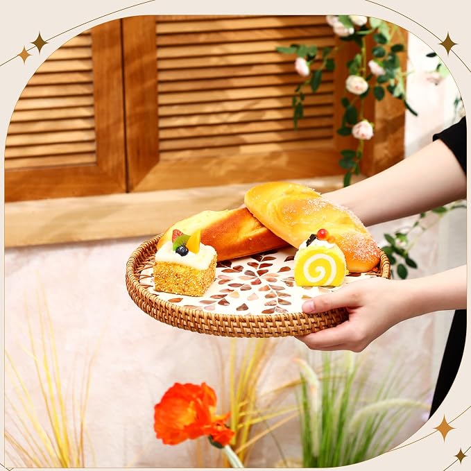 3 Pcs Round Rattan Tray with Mother of Pearl Inlay Wicker Serving Tray with Wooden Base Boho Decorative Wicker Basket for Table Decor Bathroom Candle Perfume(Vintage Style)