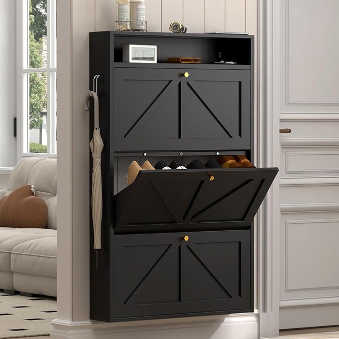 Modern Enclosed Shoe Rack, 3 Flip Drawer Shoe Storage with Open Top Shelf & Hooks, Slim Wall Mounted Shoe Cabinet for Small Space, Thin Storage for Shoes, Anti-Tip Design, Black