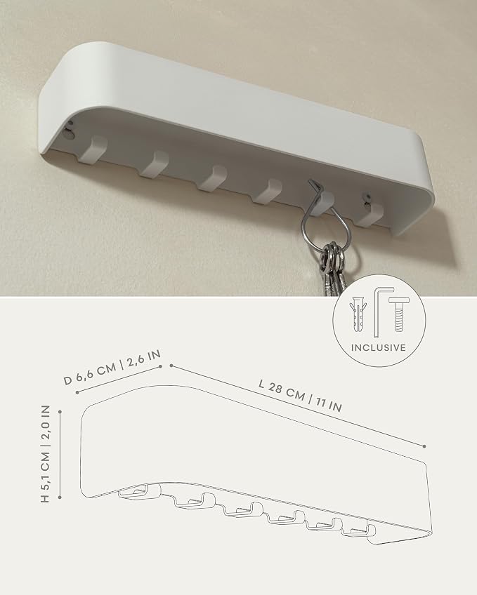 Kazai. Key Holder for Wall 'Tone' | Minimalist Key Hooks Design from Berlin | Modern Key Hanger with Metal Shelf | Key Hook Wall Mounted as Hallway Furniture | White