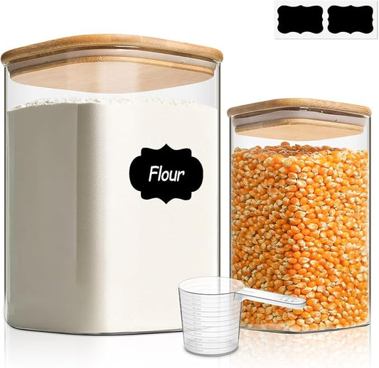 ComSaf Glass Storage Containers with Bamboo Lids 1.2/3.6 Qt 2 Pack | Pantry Organization, Flour Sugar Coffee Beans, Pasta Cereal Dry Food, Large Capacity, Cabinet Organization, Food Storage Jar