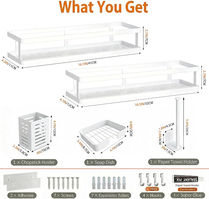 PUSDON 5-in-1 16.5" Extra Long Kitchen Organizer & Shower Caddy Set, Wall Mount Spice Rack with Paper Towel Holder, Utensil Holder & Soap Dish, Rustproof Mesh - White, Guardrail