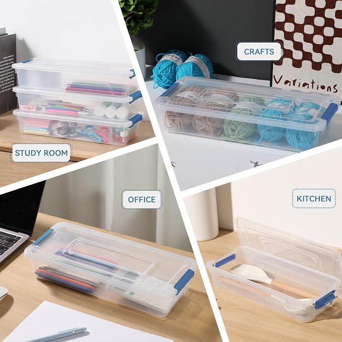 novelinks 4 Quart Clear Plastic Storage Containers with Lids (8 Pack) | Storage Bins with Lids, Stackable Small Clear Bins, Craft Storage Box, Paper Storage, Under Bed Storage Bins, Pencil Box