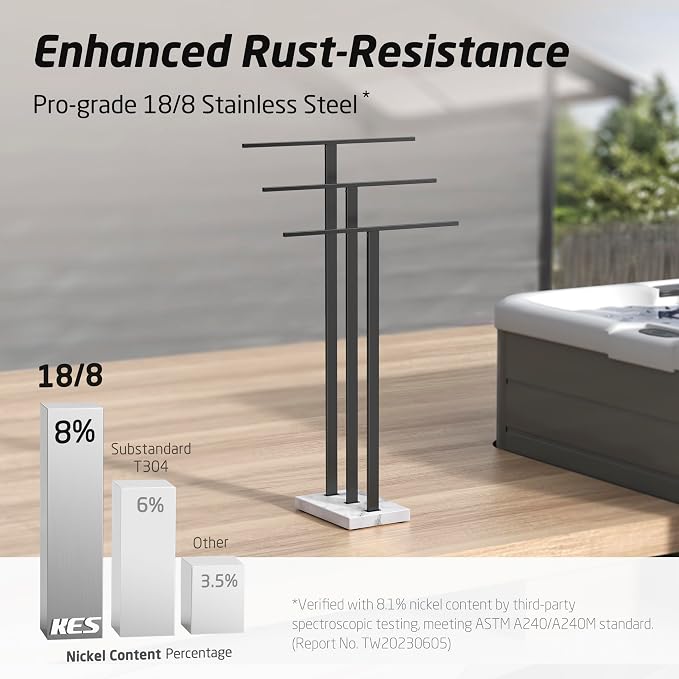 KES Standing Towel Rack with Marble Base, 3-Tier, Matte Black, 36-Inch | 18/8 Stainless Steel, 8.23 Lbs Weighted Base, Anti-Slip Pads, No Drilling Assembly, Freestanding Holder For Bathroom