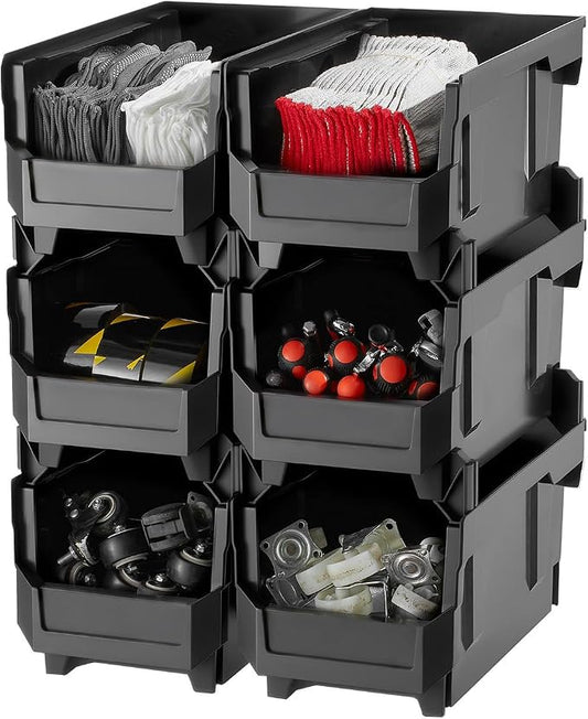 VEVOR Plastic Stackable Storage Bins, 14.8 x 8.5 x 7.1 inch (6 Pack), Plastic Containers for Organizing and Storage Bins for Closet, Garage, Small Parts, Office Supplies and Other Accessories, Black