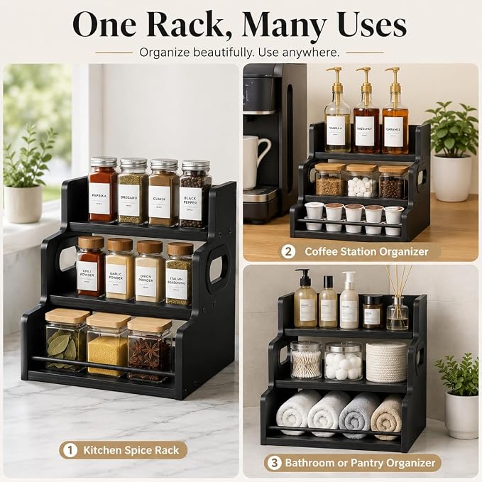 3 Tier Spice Rack Organizer for Cabinet, Wood Spice Shelf Storage, Kitchen Seasoning Organizer for Kitchen Countertop or Pantry, Spice Bottles, Bottles, Black