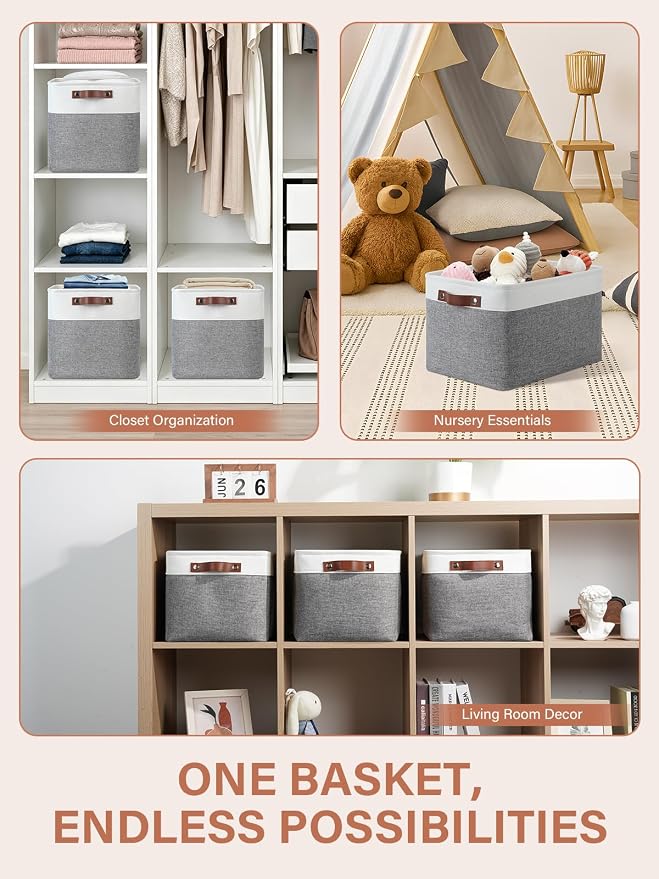 DULLEMELO Fabric Baskets for Storage, Office, Home,Nursery,Organizing Baskets for Shelves, Bedroom, Toys,Gift,Fabric Storage Basket with Handles(White&Grey,L-15"x11"x9.5",4-Pack)