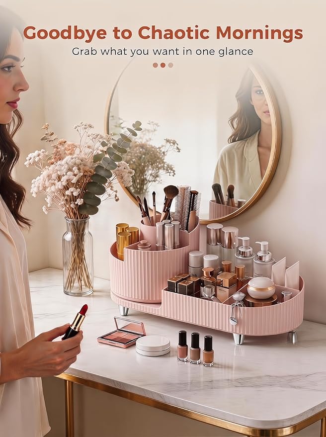 Booklov Rotating Makeup Organizer for Vanity Countertop, Pink | Plastic Cosmetic Display Case, Large Beauty Brush Holder for Bathroom Counter, Skin Care Perfumes Storage