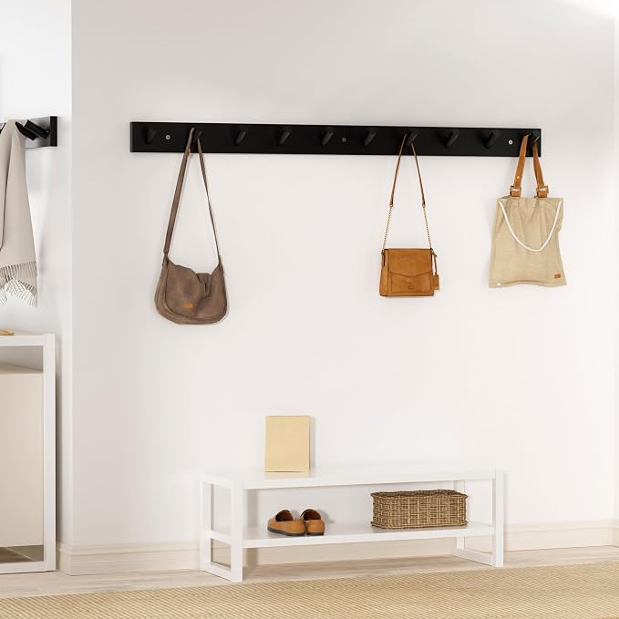 SKOLOO Wood Coat Rack Wall Mounted,10 Peg Long Bamboo Hook for Hanging Backpack Coat Towel Hat,16'' Hole to Hole,Black