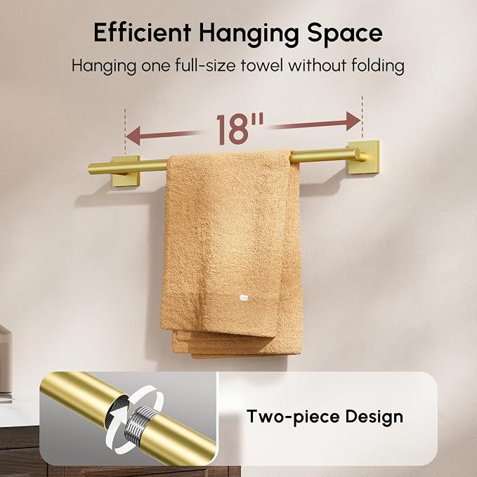 Brushed Gold Towel Bar, 18 Inch Towel Racks for Bathroom | Thicken 304 Stainless Steel Towel Holder with Square Base, Towel Rod Wall Mounted, Modern Home Decor (Total Length 20 Inch)