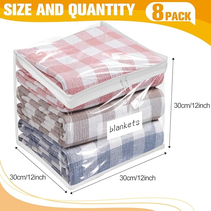 Kikerike Plastic Storage Bags with Easy-Glide Zipper, Pack of 8, Durable Clear Vinyl Zippered Storage Bags for Clothes Sweaters Comforters Blankets Sheets Bedding (12 x 12 x 12 Inch, White)